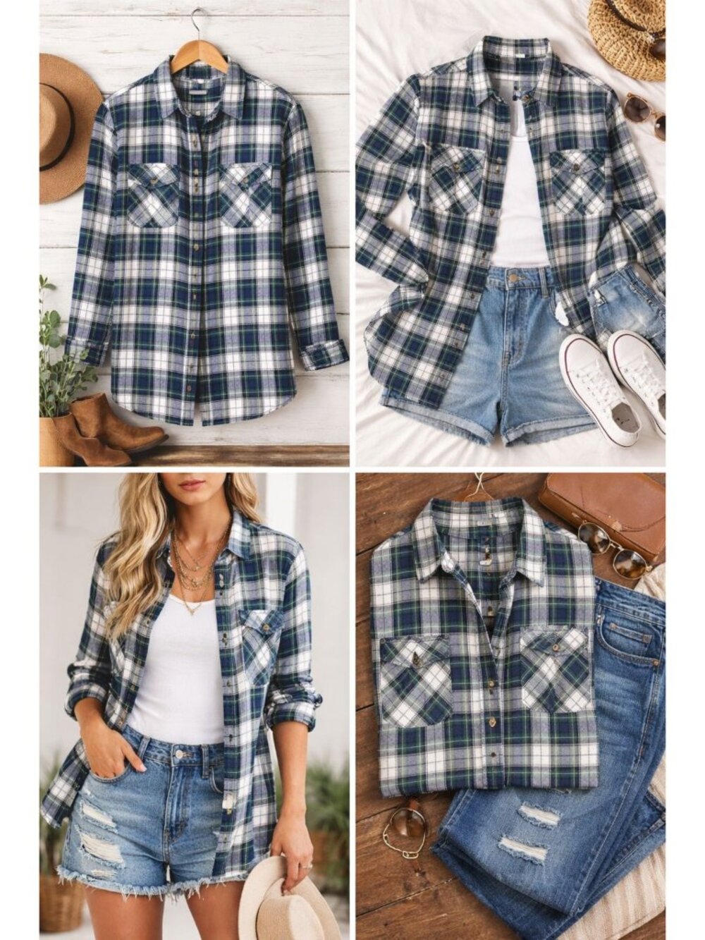 Forever 21 Size L Green Blue Button Up Flannel Shirt Academia Lumbercore Classic - Picture 2 of 11
